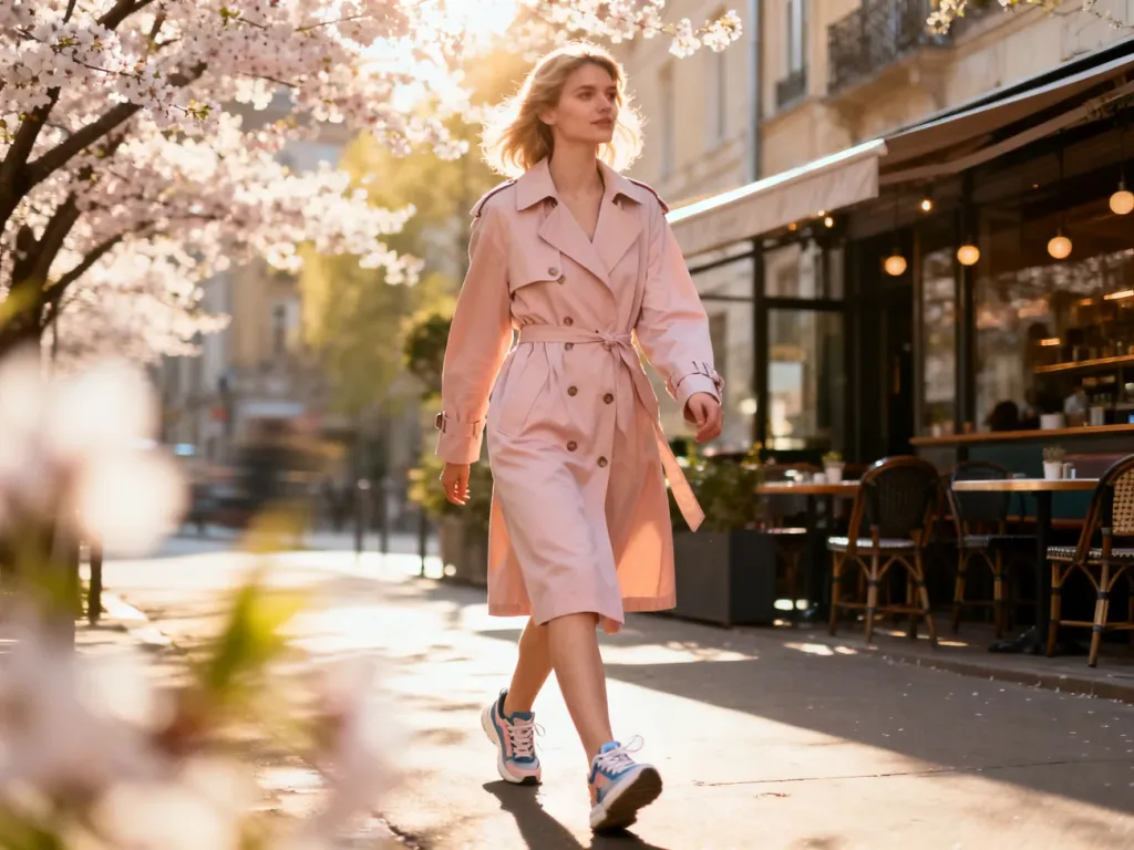 Stylowa kobieta w pastelowym trenczu i sneakersach spaceruje wiosenną ulicą wśród kwitnących drzew.