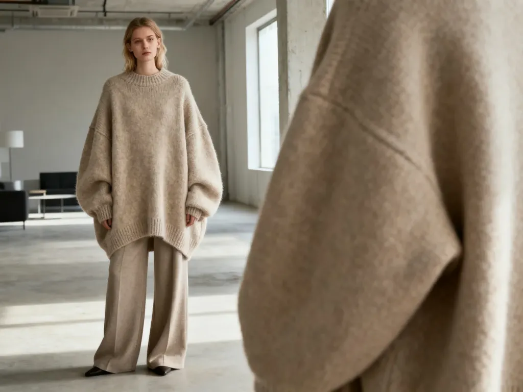 Stylowa kobieta w obszernym, beżowym swetrze typu oversize i szerokich spodniach w minimalistycznym wnętrzu.