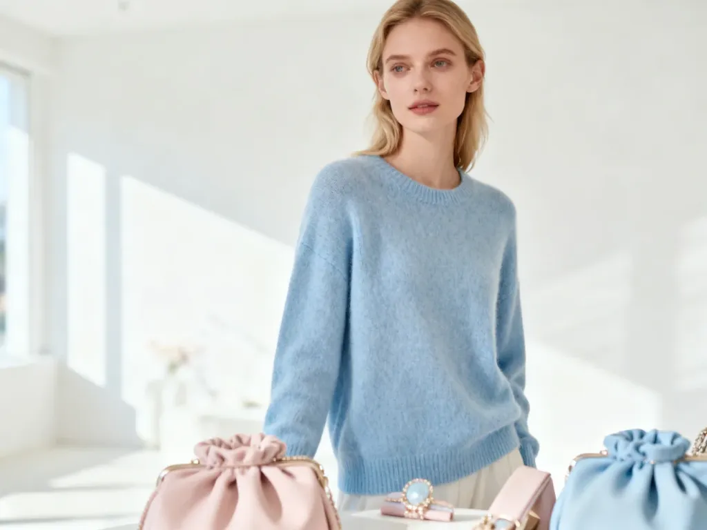 Kobieta w kaszmirowym swetrze w kolorze baby blue w jasnym, minimalistycznym wnętrzu, prezentująca stylizację w pastelach.