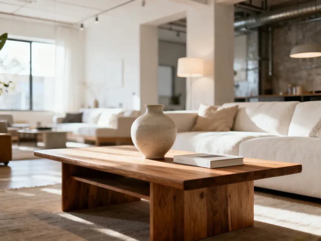 Nowoczesny salon w stylu skandynawskim z drewnianym stolikiem kawowym, podkreślający przytulną i minimalistyczną aranżację.
