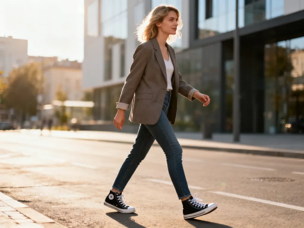 Stylowa kobieta w jeansach, marynarce i klasycznych trampkach Converse spaceruje po słonecznej miejskiej ulicy.