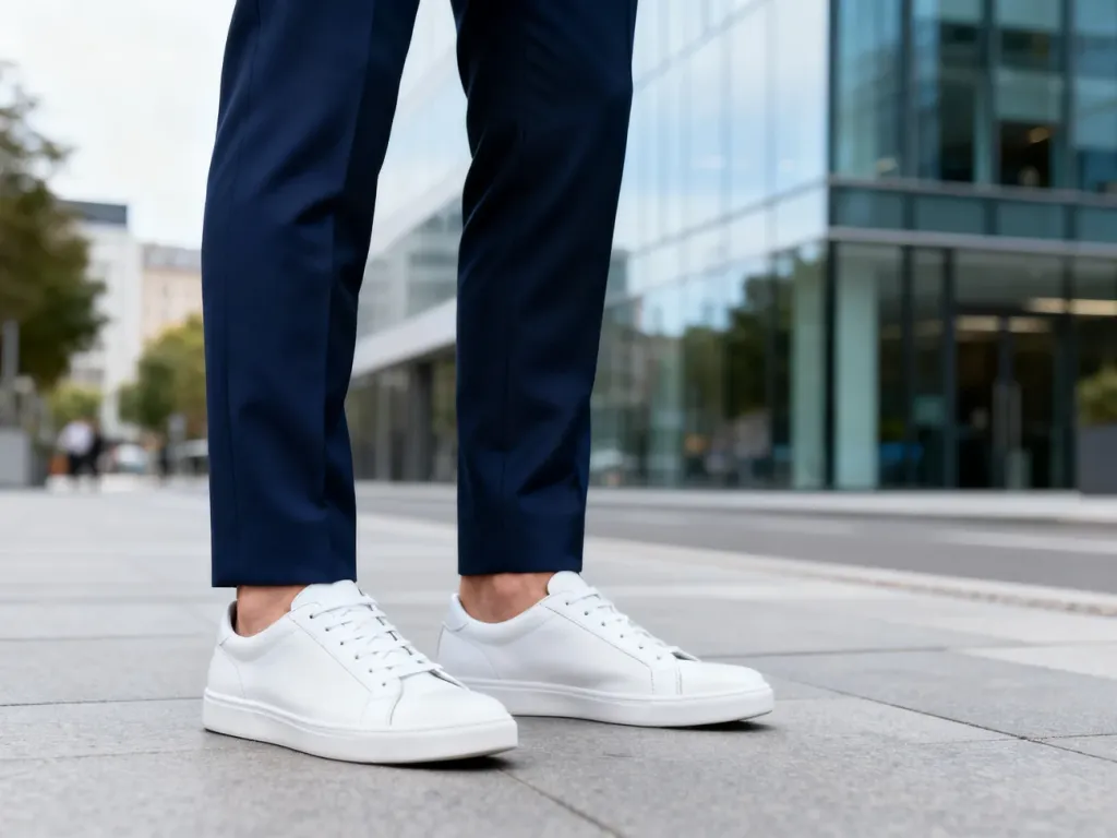 Elegancki mężczyzna w granatowym garniturze i białych sneakersach na tle nowoczesnego miasta.